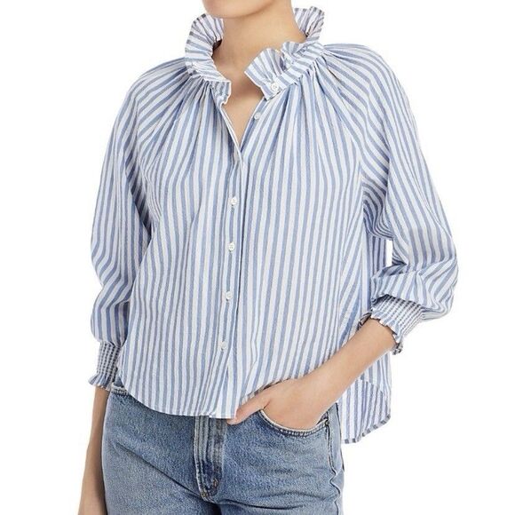 Veronica Beard Calisto Top Button Up Shirt Ruffle Blue White Stripe Size XS - Picture 1 of 13